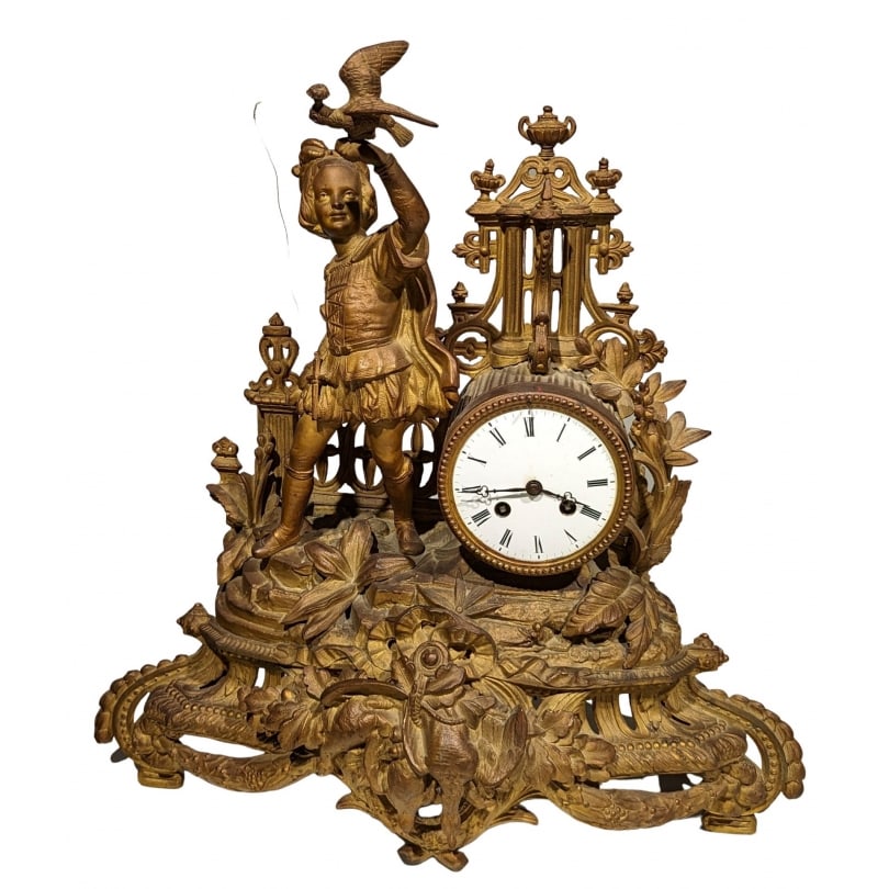 French 19th century Falconer's Clock in spelter: Falconer clock in spelter marked GIRARDAU, movement signed Barrard & VignonOrigin: FrancePeriod: 19th centuryMaterials: SpelterDimensions: Ht48 x 50 x 20 cm