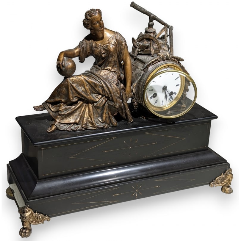 19th century "Allegory of Geometry" Pendulum: "Allegory of Geometry" clock in spelter and black marbleOrigin: FrancePeriod: 19th centuryMaterials: SpelterDimensions: Ht 39 x 46 x 16 cm