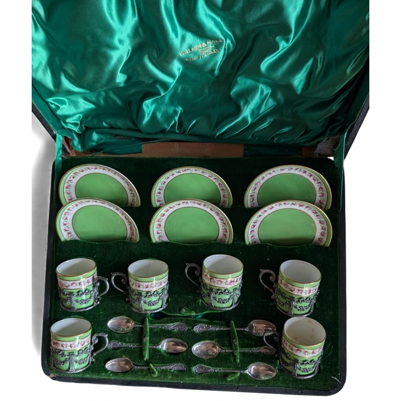 English Early 20th century Porcelain and silver tea service: Crescent & Sons porcelain and silver tea service by Walker & Hall Sheffield, 1903Origin: EnglandPeriod: Early 20th centuryMaterials: PorcelainDimensions: Ht 11 x 42 x 32 cm