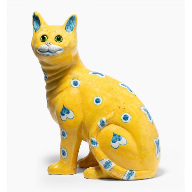 Rare French Seated ceramic cat signed E. GALLÉ: Polychrome ceramic seated cat decorated with white and blue hearts on a yellow background, signed E. GALLÉ Nancy (Émile 1846-1904)Origin: FrancePeriod: 20th centuryMaterials: CeramicDimensions: Ht 3