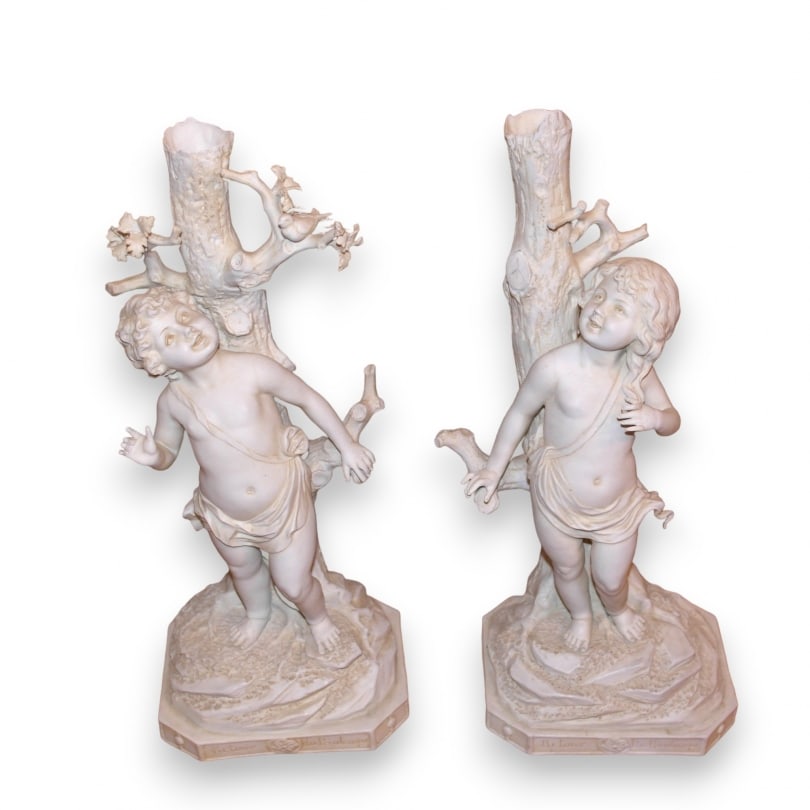 German Pair of bisque candlesticks: Pair of bisque candlesticks "return of spring"Origin: GermanyPeriod: 20th centuryMaterials: PorcelainDimensions: Ht 35 x 15 x 12 cm