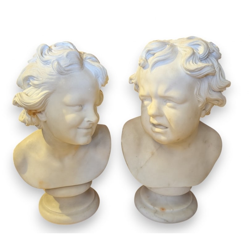 French 19th century Pair of white marble busts of children: Pair of white marble busts of childrenOrigin: FrancePeriod: 19th centuryMaterials: MarbleDimensions: Ht 33 x 20 x 18 cm