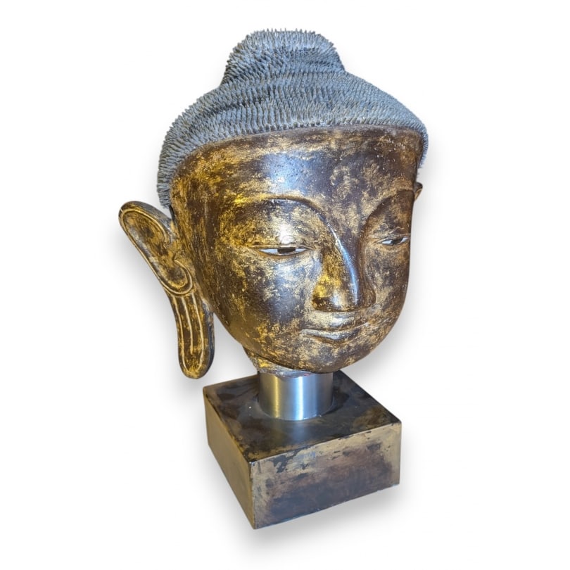 Asian 19th century Gold lacquered Buddha head: Gold lacquered Buddha headOrigin: AsianPeriod: 19th centuryMaterials: ResinDimensions: Ht 72 x 50 x 42 cm