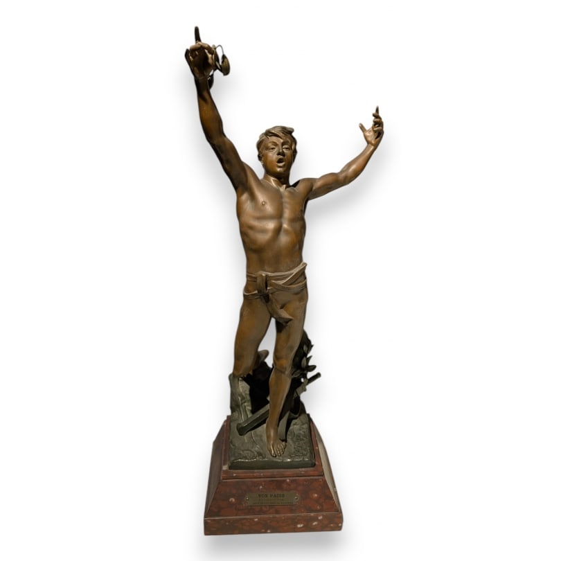 French Sculpture "Vox Pacis" signed BAREAU: Spelter sculpture "Vox Pacis" signed Georges BAREAU 1894 (Marie Valentin 1866-1931), on a griotte red marble baseOrigin: FrancePeriod: 20th centuryMaterials: SpelterDimensions: Ht 63 x 26 x 20 cm