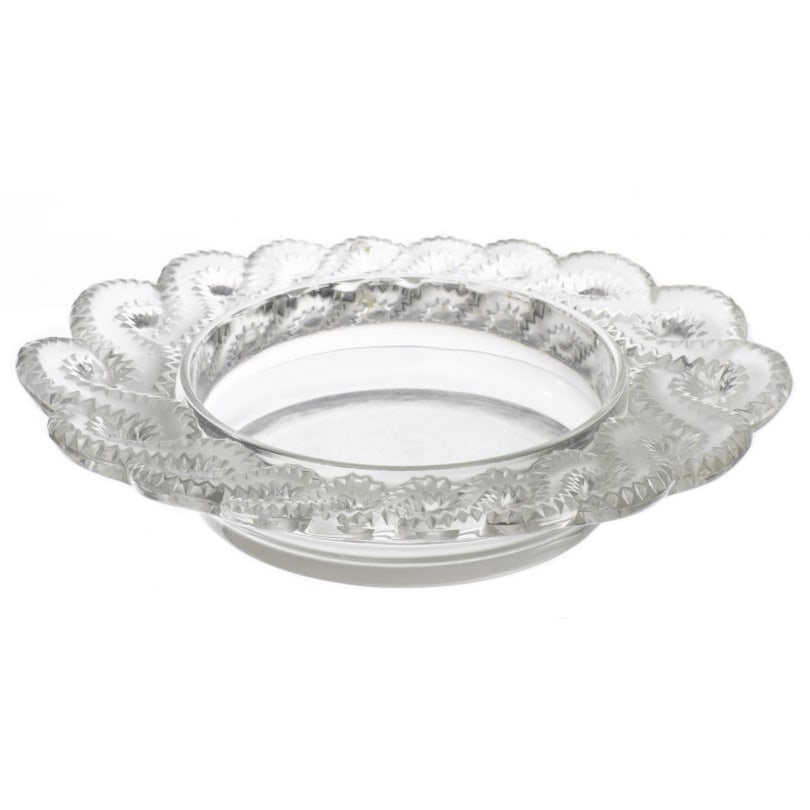 "Auriac" glass planter, signed LALIQUE: "Auriac" jardinière in pressed satin-finish glass. Signed "Lalique France" under the base.Provenance:Catherine Clerc-De Goumoëns CollectionOrigin: FrancePeriod: 20th centuryMaterials: GlassDimension