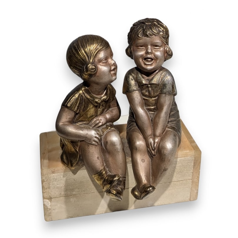 French "Two Girls" spelter statue after Chiparus: Statue "Two Girls" in spelter after CHIPARUS, on an onyx baseOrigin: FrancePeriod: 20th centuryMaterials: SpelterDimensions: Ht 20 x 17 x 11 cm