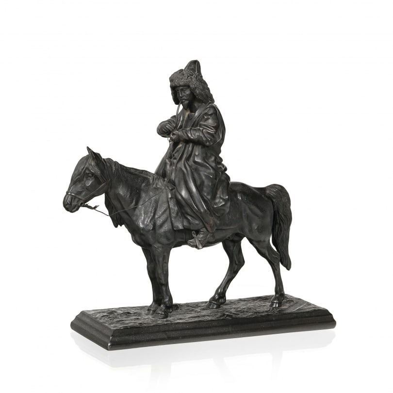 19th century Russian Kyrgyz equestrian sculpture signed A. OBER 1872: Kyrgyz equestrian sculpture signed A. OBER 1872 (Artemi 1843-1917), cast iron, with a black patinaOrigin: RussiaPeriod: 19th centuryMaterials: Cast ironDimensions: Ht 38 x 40 x 14 cm
