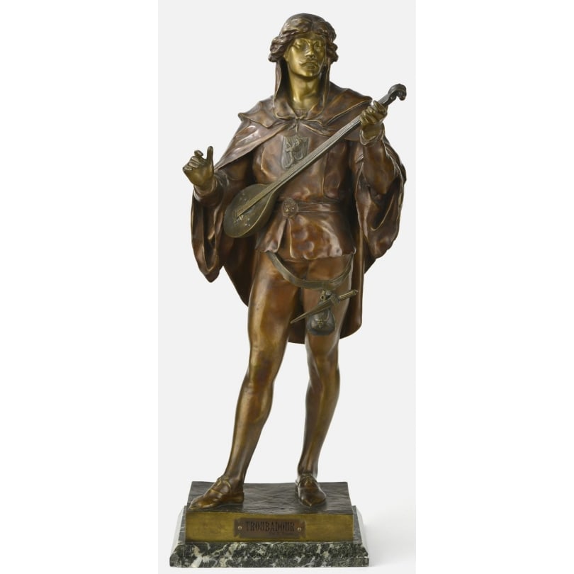 19th century "Troubadour" sculpture in spelter, marble base: "Troubadour" sculpture, in spelter on a marble base. Signed E. PICAULT (Émile Louis, 1839-1915).Origin: FrancePeriod: 19th centuryMaterials: SpelterDimensions: Ht 79 x 28.5 x 24 cm