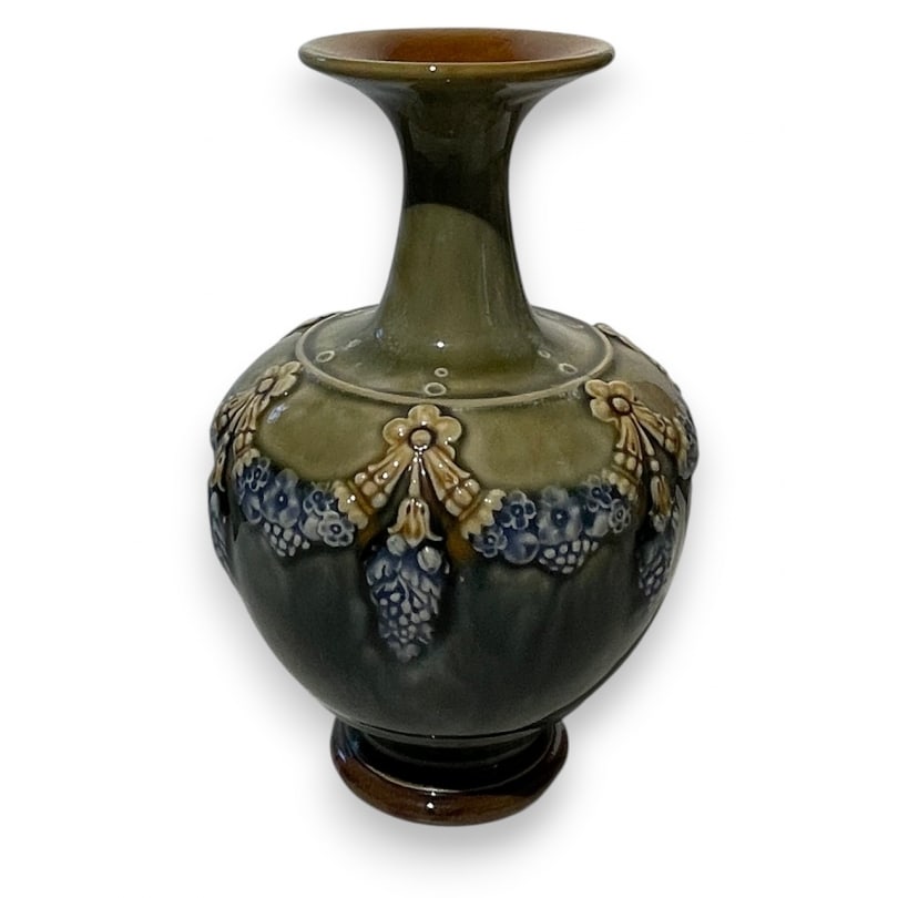 Royal Doulton earthenware garland vase: Royal Doulton 8383 Earthenware Garland VaseOrigin: EnglandPeriod: 20th centuryMaterials: EarthenwareDimensions: Height 23 x Diameter 13 cm