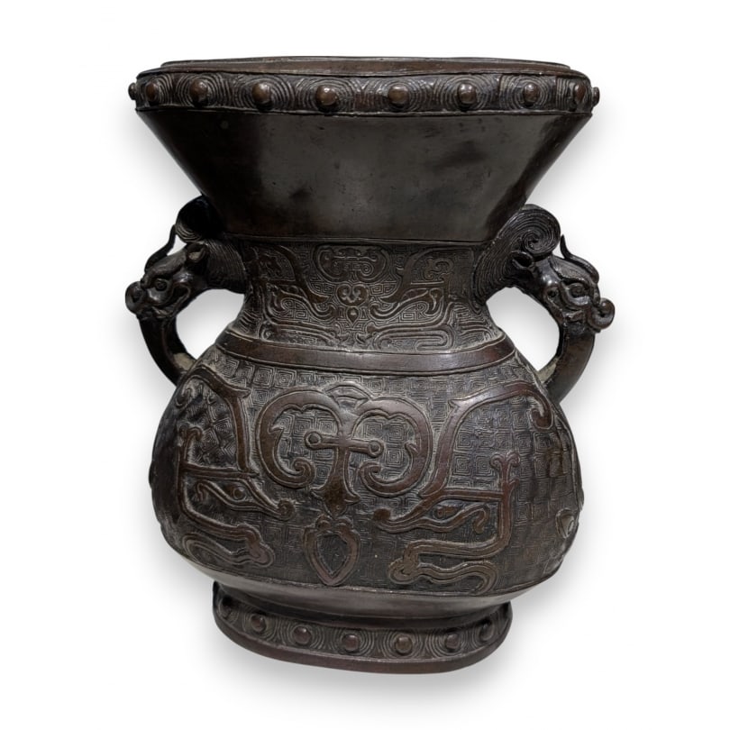 chinese 19th century Bronze vase with dragon handles: Bronze vase with handles in the shape of dragon headsOrigin: ChinaPeriod: 19th centuryMaterials: BronzeDimensions: Ht 27 x 24 x 13 cm