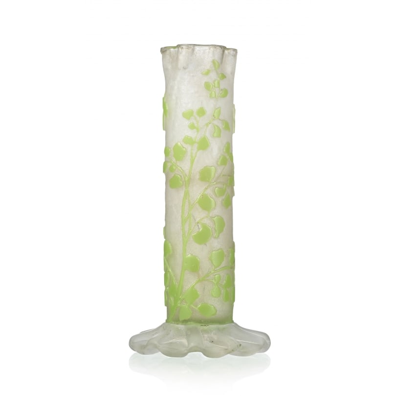 French "Green Foliage" tube vase signed GALLÉ: Multi-layered glass tube vase signed GALLÉ, with acid-etched decoration of green foliage on a frosted white backgroundOrigin: FrancePeriod: 20th centuryMaterials: GlassDimensions: Height 12 x Diamete
