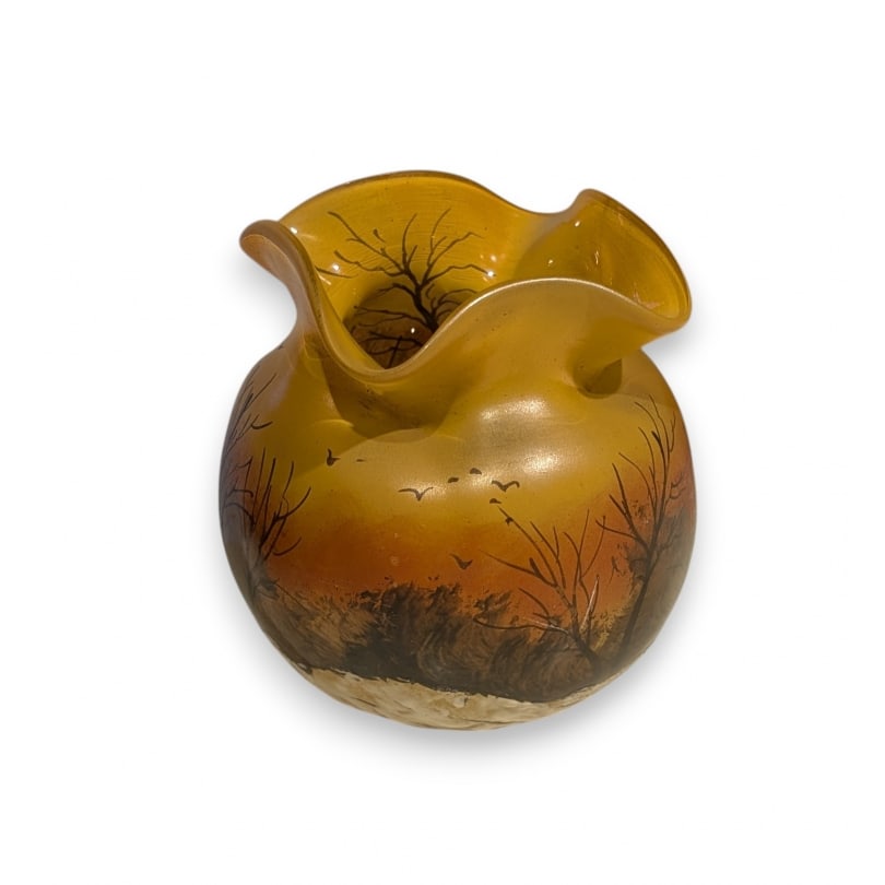 Antique Winter Vase by LEGRAS (François-Théodore 1839-1916): Glass vase decorated with an enamelled winter scene, signed LEGRAS (François-Théodore 1839-1916)Origin: FrancePeriod: 20th centuryMaterials: GlassDimensions: Height 13 x Diameter 12 cm