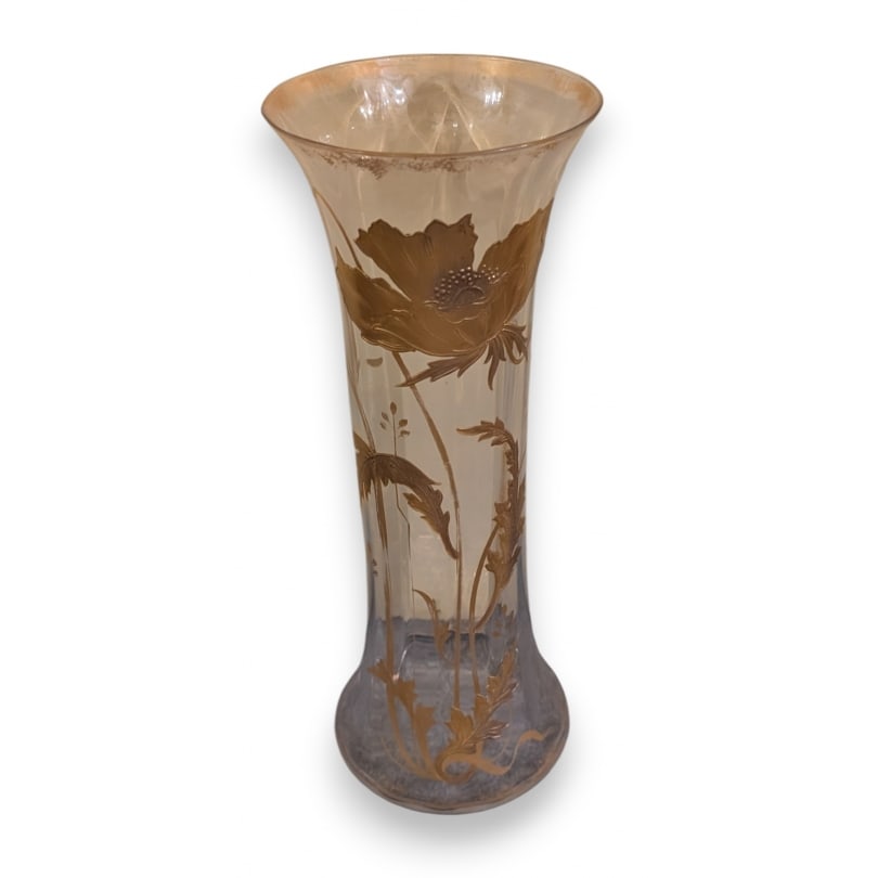 Poppy Gold Decorated Glass Tube Vase: Saint-Louis gold-decorated glass tube vaseOrigin: FrancePeriod: 20th centuryMaterials: GlassDimensions: Height 30 x Diameter 11.5 cm