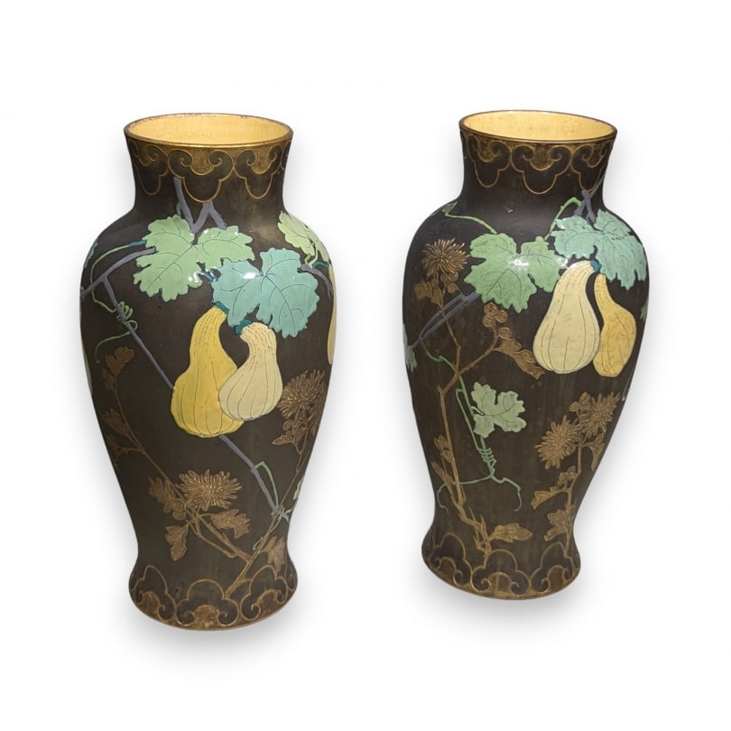 Pair of Art Nouveau vases by LONGCHAMP: Pair of Art Nouveau ceramic vases decorated with gourds on a brown background by LONGCHAMP 789 2Origin: FrancePeriod: Early 20th centuryMaterials: CeramicDimensions: Height 31 x Diameter 16 cm
