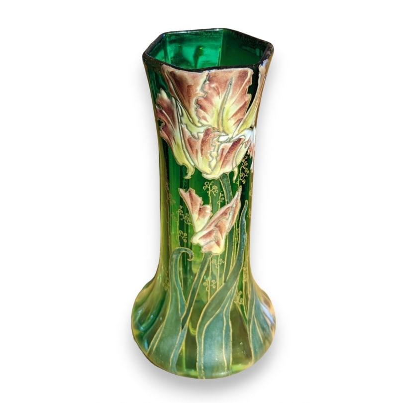 Mont Joye vase with enameled iris decoration: Green glass vase with hand-painted irises in thick enamel, Mont JoyeOrigin: FrancePeriod: Late 19th centuryMaterials: GlassDimensions: Height 21 x Diameter 10 cm