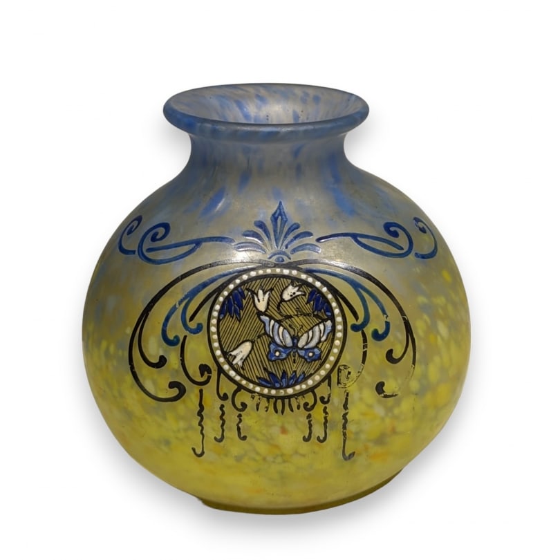 Antique Enamelled glass vase "Butterfly" signed LEGRAS: Glass vase with blue and yellow background and enamel decoration of a butterfly, signed LEGRAS (François-Théodore 1839-1916)Origin: FrancePeriod: 20th centuryMaterials: GlassDimensions: Ht 15 x 14 x