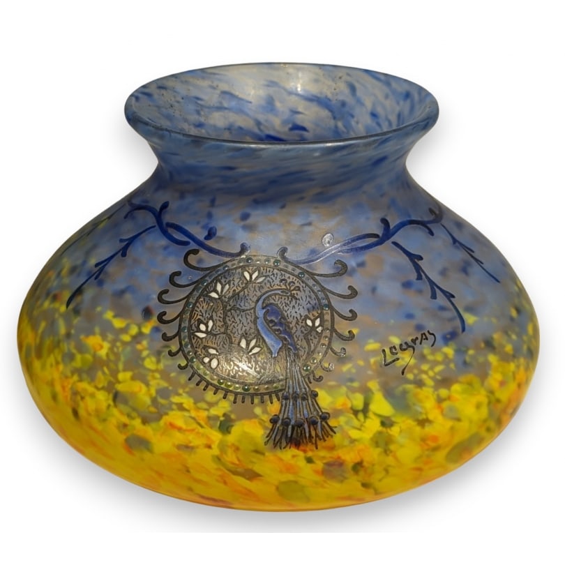 Antique French Enamelled glass vase "Peacock" signed LEGRAS: Glass vase with blue and yellow background and enamel decoration of a peacock, signed LEGRAS (François-Théodore 1839-1916)Origin: FrancePeriod: 20th centuryMaterials: GlassDimensions: Height 15 x Di
