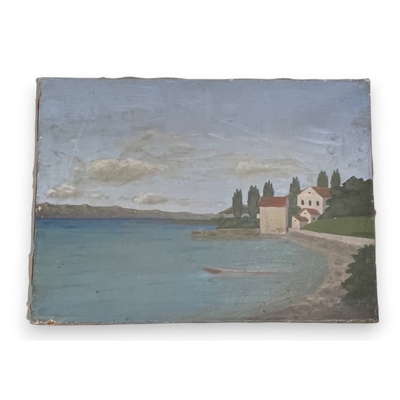 Swiss 20th century Painting "Lakeside": Oil on canvas "Lakeside"Origin: SwitzerlandPeriod: 20th centuryMaterials: Oil on canvasDimensions: Ht 30 x 40 cm
