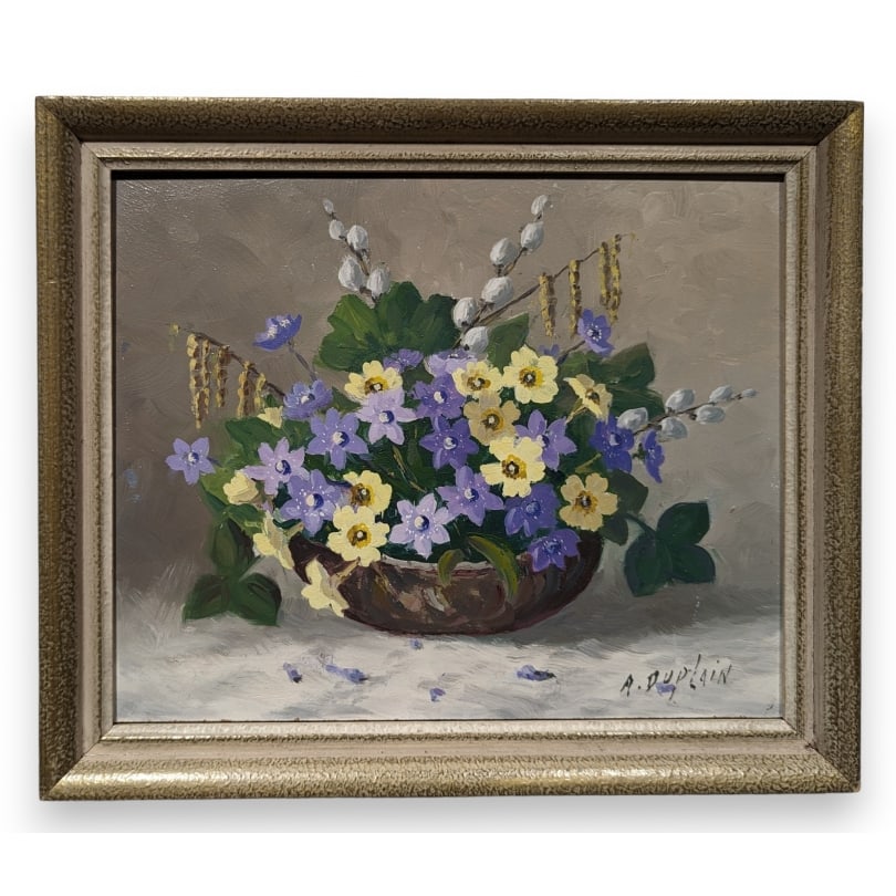 Painting "Bouquet of Flowers" signed A. DUPLAIN: Oil on Pavatex "Bouquet of Flowers" signed A. DUPLAIN (Albert 1890-1978)Origin: SwitzerlandPeriod: 20th centuryMaterials: Oil on panelDimensions: Ht 27.5 x 37.5 cm