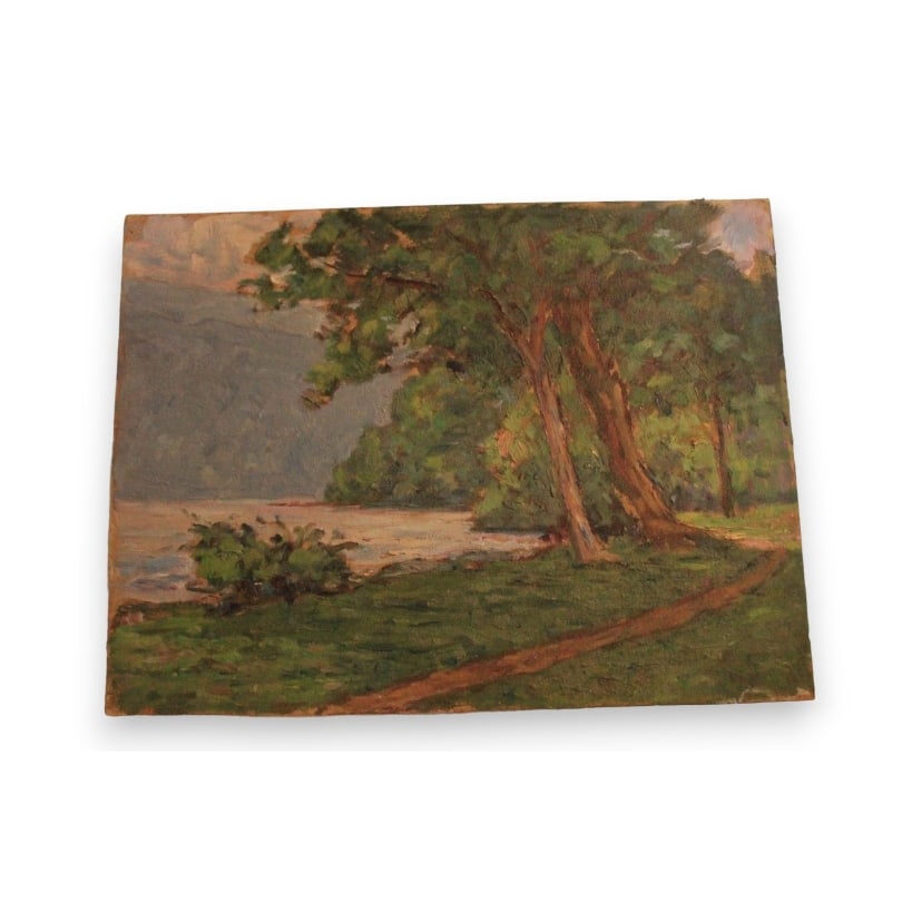 Swiss Oil on panel "Lake Annecy 1947": Oil on panel "Lake Annecy 1947" monogrammed on the back PS (Paul SOKOLOFF 1873-1968)Origin: SwitzerlandPeriod: 20th centuryMaterials: Oil on panelDimensions: Ht 24 x 32 cm
