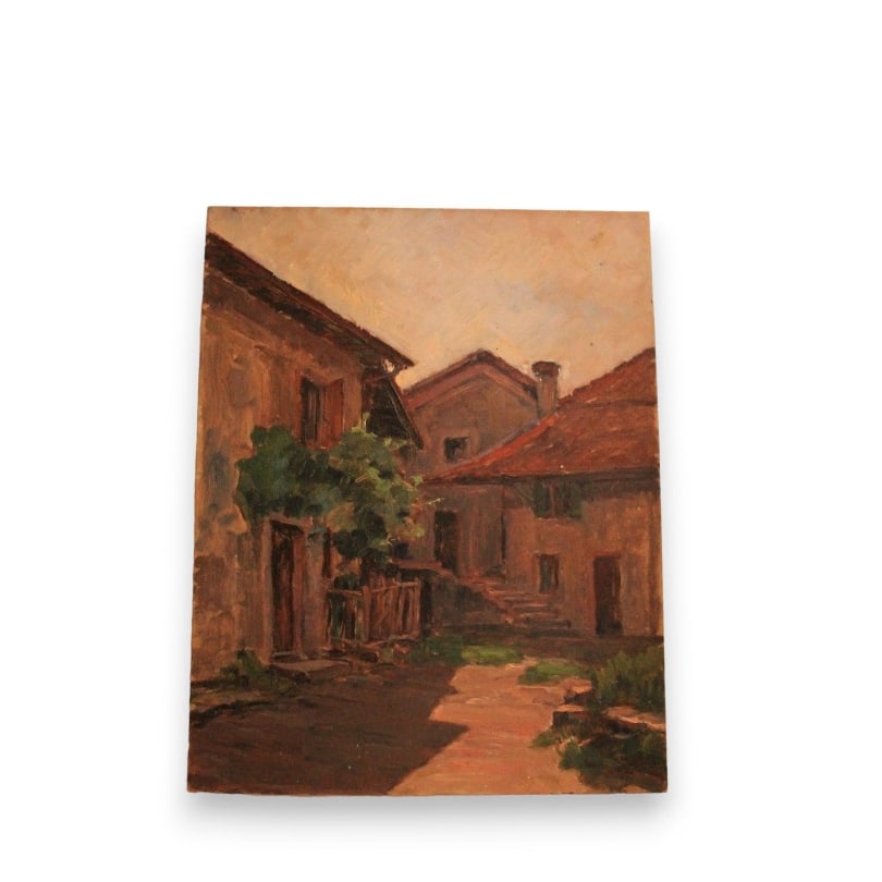 Swiss Oil on panel "Cour à Mornes 1921": Oil on panel "Cour à Mornes 1921" monogrammed on the back PS (Paul SOKOLOFF 1873-1968)Origin: SwitzerlandPeriod: 20th centuryMaterials: Oil on canvasDimensions: Ht 32 x 24 cm