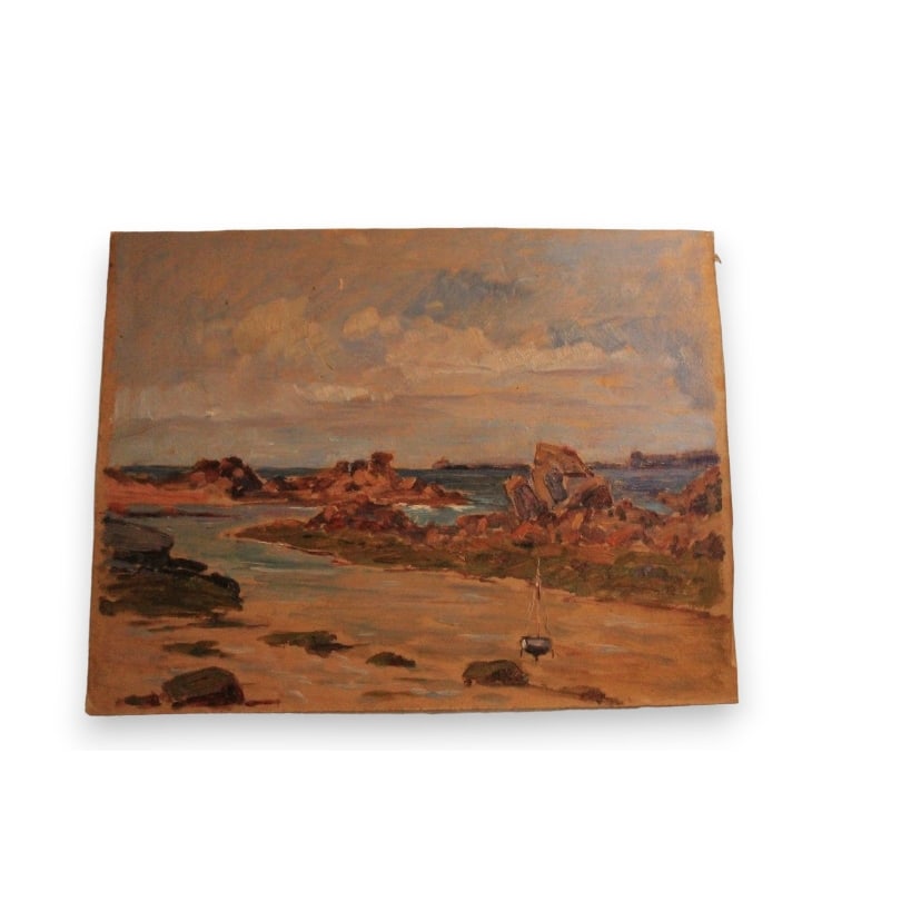 Swiss Oil on panel "Low Tide, Bay": Oil on panel "Low Tide, Bay of Saint-Guirec, Ploumanach" by Paul SOKOLOFF (1873-1968)Origin: SwitzerlandPeriod: 20th centuryMaterials: Oil on panelDimensions: Ht 20.5 x 27 cm