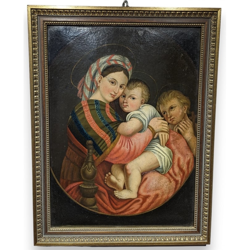 20th century Icon of the Virgin and Child with John the Baptist: Icon of the Virgin and Child with John the BaptistOrigin: ItalyPeriod: 20th centuryMaterials: Oil on cardboardDimensions: Ht 66 x 50 cm