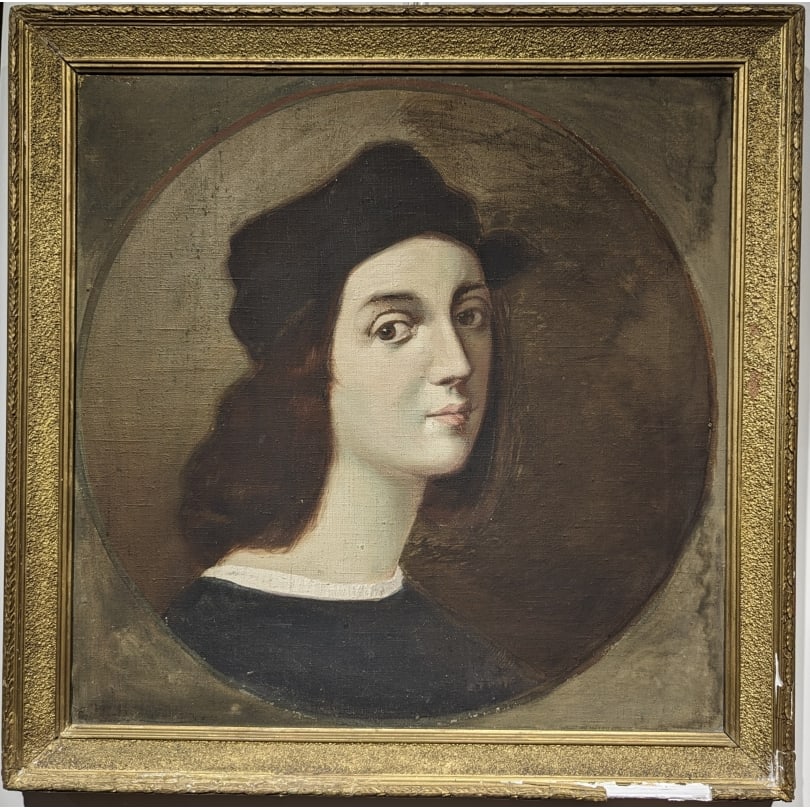 French Painting "Portrait of Raffaello Sanzio": Oil on canvas, copy of "Portrait of Raphael" by Jean Auguste Dominique IngresOrigin: FrancePeriod: 20th centuryMaterials: Oil on canvasDimensions: Height 52 x 52 cm.Frame dimensions: Height 62 x 62 cm