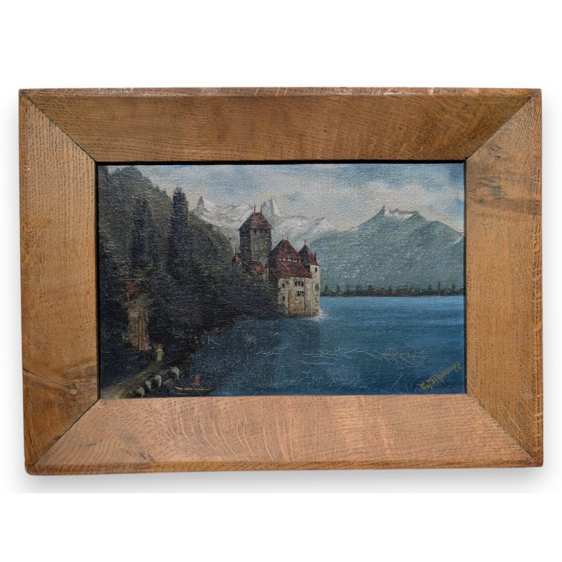 Painting “Château de Chillon” signed E. SCHREMPP: Oil on canvas "Chillon Castle" signed E. SCHREMPPMarked on the back "Gift - Samuel Jaggi"Origin: SwitzerlandPeriod: 20th centuryMaterials: Oil on canvasDimensions: Ht 24 x 38 cmFrame dimensions: Ht 33