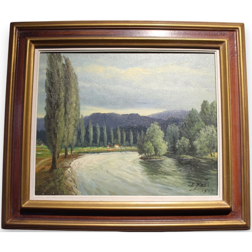 Swiss Painting "Bei Koblenz" signed E. FREI 1947: Oil on panel "Bei Koblenz im Aargau Motiv am Rhein" signed E. FREI 1947 (Emil FREI 1882-1955)Origin: SwitzerlandPeriod: 20th centuryMaterials: Oil on panelDimensions: Ht 33 x 41 cmFrame dimensions: Ht