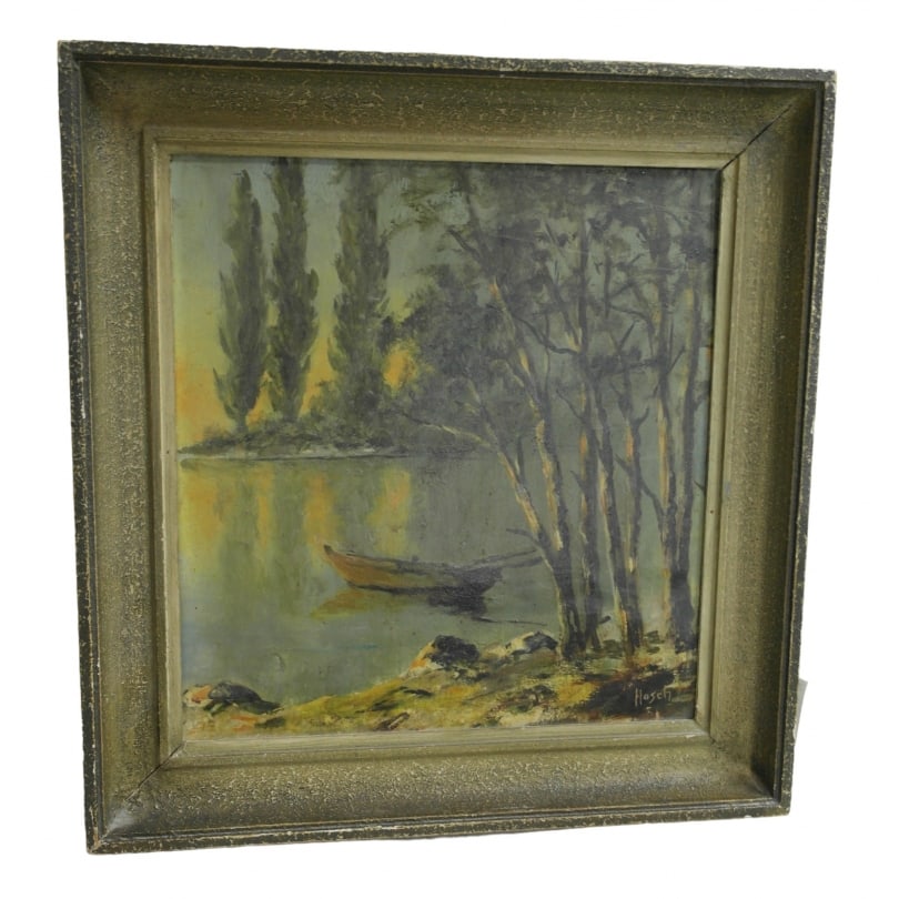 20th century Swiss Oil on panel "Riverbank": Oil on panel "Riverbank" signed HoschEduard HOSCH (1843-1908)Origin: SwitzerlandPeriod: 20th centuryMaterials: Oil on panelDimensions: Ht 40 x 37 cm