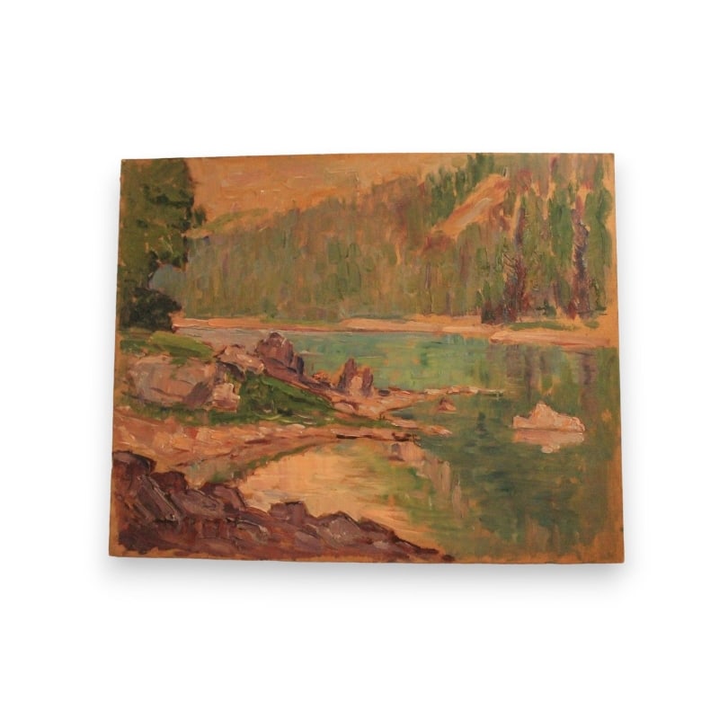 Swiss Oil on panel "Lake Monriond: Oil on panel "Lake Monriond July 1934" monogrammed on the back PS (Paul SOKOLOFF 1873-1968)Origin: SwitzerlandPeriod: 20th centuryMaterials: Oil on panelDimensions: Ht 24 x 30 cm