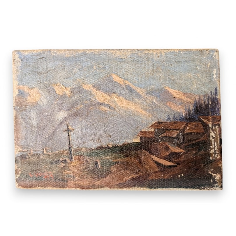 Antique Painting "Mountain" signed C. COCHET 1923: Painting "Mountain" signed C. COCHET 1923Origin: SwitzerlandPeriod: 20th centuryMaterials: Oil on canvasDimensions: Ht 12 x 18 cm