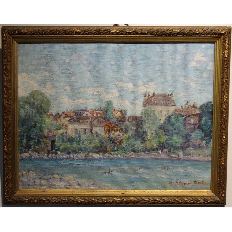 Swiss Painting "Riverbank" signed J. BLUMENTHAL: Oil on panel "Riverbank" signed J. BLUMENTHALOrigin: SwitzerlandPeriod: 20th centuryMaterials: Oil on panelDimensions: Ht 33 x 45 cmFrame dimensions: Ht 41 x 52 cm