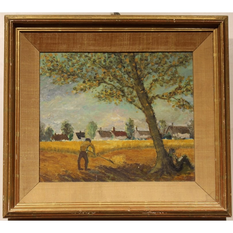 Antique English Painting "The Harvest": Oil on Pavatex "The Harvest"Origin: EnglandPeriod: Early 20th centuryMaterials: Oil on panelDimensions: Ht 21 x 25 cmFrame dimensions: Ht 32 x 37 cm