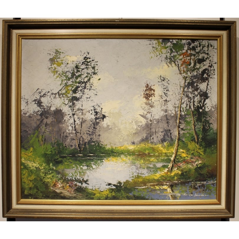 Swiss 20th century Painting "Pond": Oil on canvas "Pond"Origin: SwitzerlandPeriod: 20th centuryMaterials: Oil on canvasDimensions: Ht 53 x 64 cmFrame dimensions: Ht 64 x 76 cm