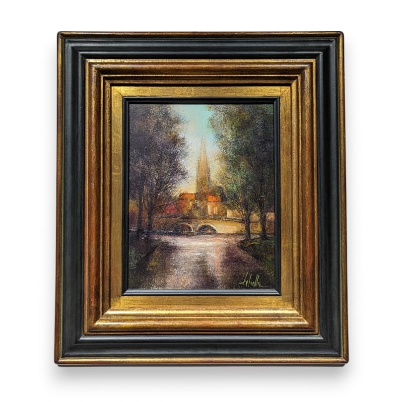 French Painting "Bruges" signed DELSALLE: Oil on canvas "Bridge of the Beguinage of Bruges" signed DELSALLE (Alain 1943)Origin: FrancePeriod: 20th centuryMaterials: Oil on canvasDimensions: Ht 24 x 19.5 cmFrame dimensions: Ht 40 x 36 cm