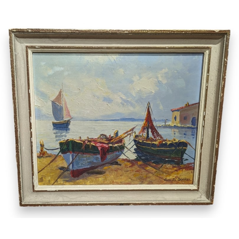 Swiss Painting "Boats" signed Emile STEBLER: Oil on canvas "Boats" signed Emile STEBLER (Marcel 1906-1966)May 1945Origin: SwitzerlandPeriod: 20th centuryMaterials: Oil on canvasDimensions: Ht 37 x 45 cmFrame dimensions: Ht 43 x 51 cm