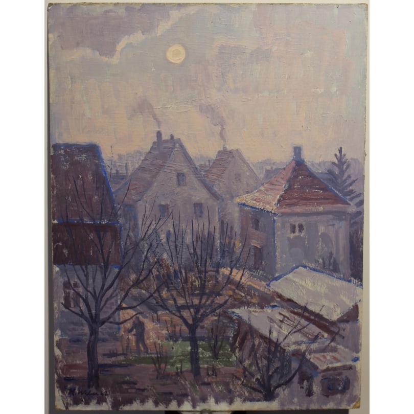 Painting "Moonlight" signed H. WEBER 42: Oil on panel "Moonlight" signed H. WEBER 42 (Heinrich 1892-1962)https://personenlexikon.bl.ch/Heinrich_Weber_(1892_-_1962)Origin: SwitzerlandPeriod: 20th centuryMaterials: Oil on panelDimensions: Ht 3