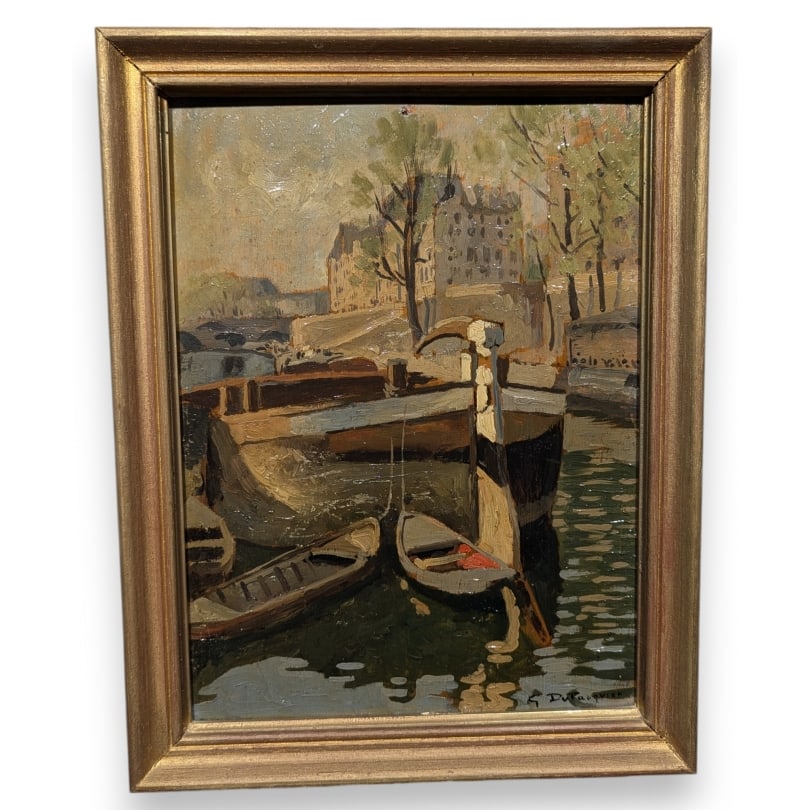 Swiss Painting "The Seine" signed G. DU PASQUIER: Oil on wood "The Seine" signed G. DU PASQUIER ((Gustave 1876-1954)Origin: SwitzerlandPeriod: 20th centuryMaterials: Oil on woodDimensions: Ht 33 x 24 cmFrame dimensions: Ht 40 x 31 cm