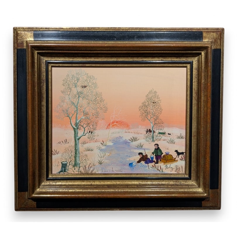 French Painting "Sunset in Snow" signed BOLEZ Y: Naive oil painting on canvas "Snowy Landscape" signed BOLEZ Y (Yvonne)Origin: FrancePeriod: 20th centuryMaterials: Oil on canvasDimensions: Ht 20 x 25 cmFrame dimensions: Ht 35 x 40 cm