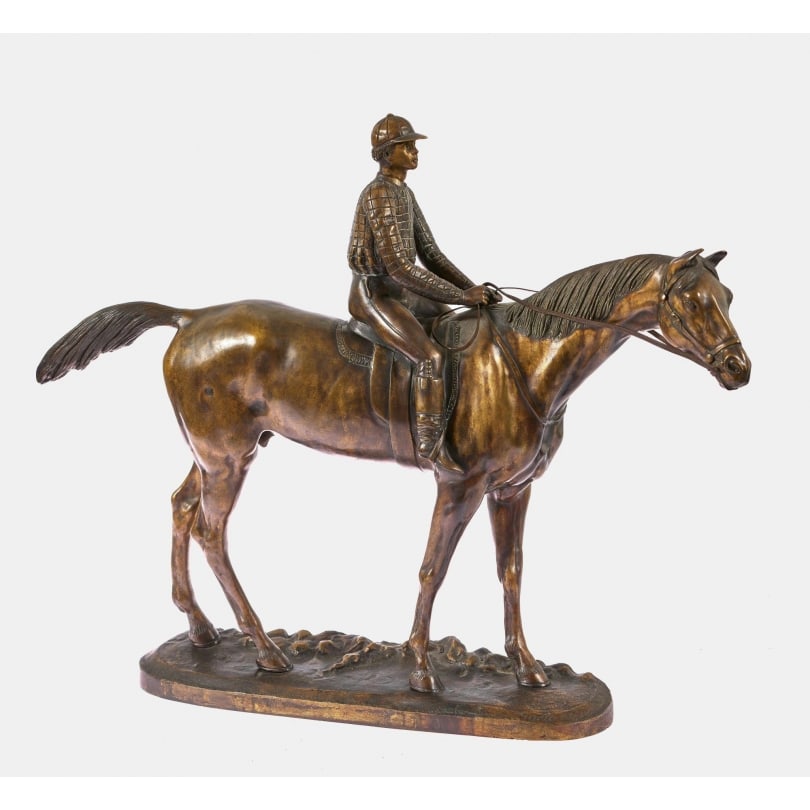 Antique Bronze "Jockey on his horse": Bronze sculpture "Jockey on his horse" signed GAETANO(Neapolitan Foundry)Origin: ItalyPeriod: Early 20th centuryMaterials: BronzeDimensions: Ht 45.5 x 56.5 x 11 cm