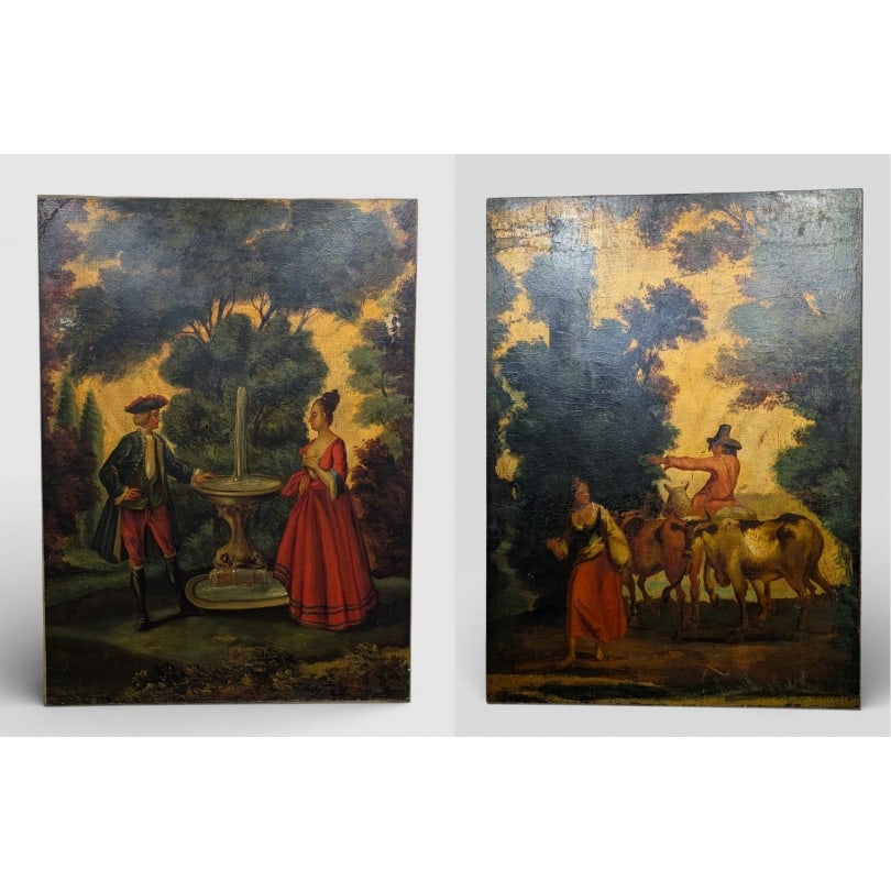 French 18th century Pair of paintings "Pastoral Scenes": Pair of oil paintings on canvas "Pastoral Scenes"Origin: FrancePeriod: 18th centuryMaterials: Oil on canvasDimensions: Ht 64 x 46 cm