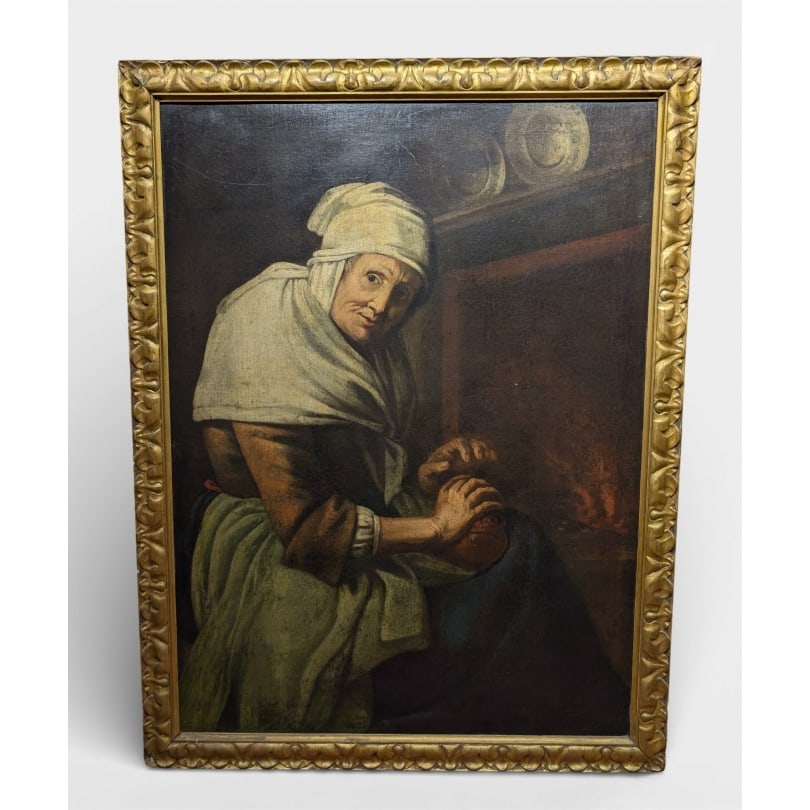 17th century Painting "Woman at the Stove": Oil on canvas "Woman at the Stove" formerly attributed to Dominicus VAN TOL (c.1635-1676)Origin: HollandPeriod: 17th centuryMaterials: Oil on canvasDimensions: Ht 106 x 81 cm