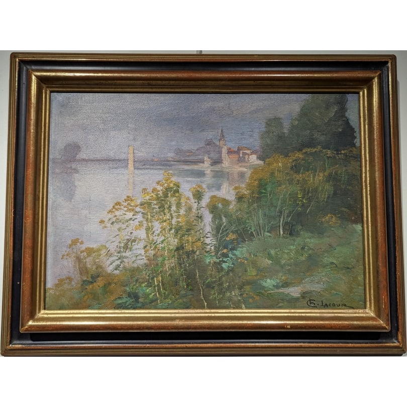 French Painting "Loyettes" signed CL LACOUR: Oil on wood "Loyettes The Golden Rods" signed CL LACOUR (Charles 1861-1941)Origin: FrancePeriod: 20th centuryMaterials: Oil on woodDimensions: Ht 25 x 36 cmFrame dimensions: Ht 36 x 47 cm