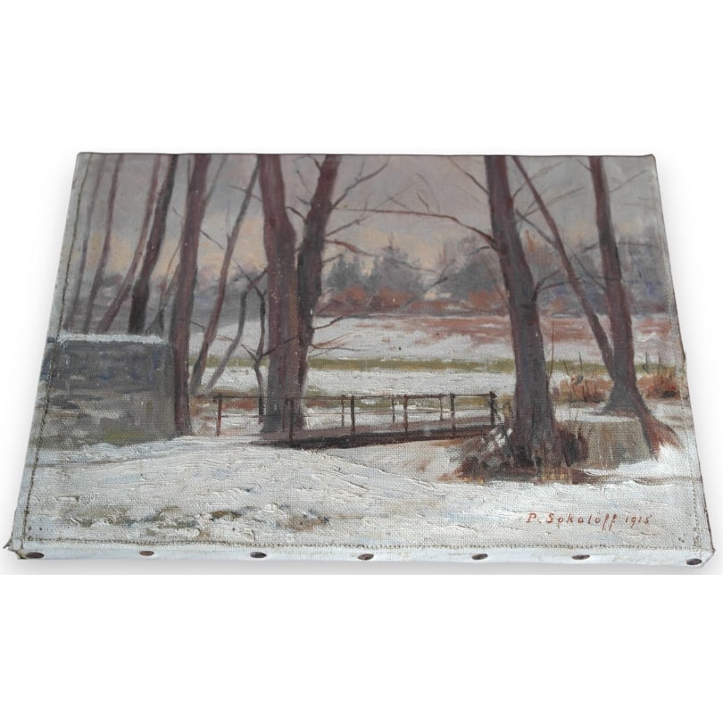Antique Oil on canvas, Swiss landscape Dated 1915: Oil on canvas, Swiss "Winter Landscape", signed P. SOKOLOFF 1915 (Paul 1873-1968)Origin: SwitzerlandPeriod: 20th centuryMaterials: Oil on canvasDimensions: Ht 20 x 27 cm