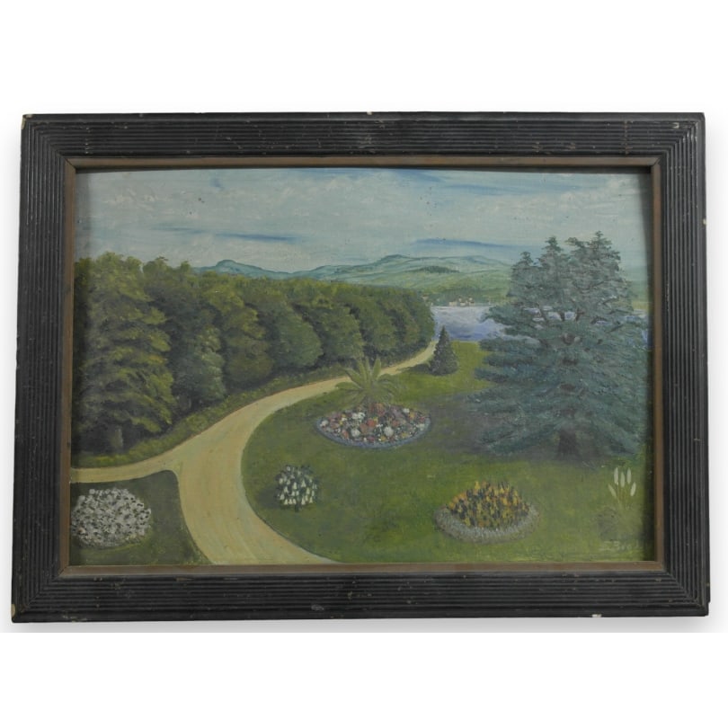 Swiss Oil on panel "Garden by the Lake": Oil on panel "Garden by the Lake" signedEugène Brossy RolleOrigin: SwitzerlandPeriod: 20th centuryMaterials: Oil on canvasDimensions: Ht 37 x 50 cm