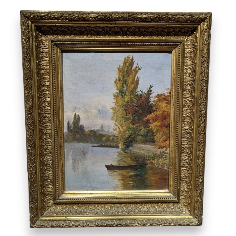 Swiss 19th century Painting "Riverbank": Oil on canvas "Riverbank"Origin: SwitzerlandPeriod: 19th centuryMaterials: Oil on canvasDimensions: Ht 32 x 24 cmFrame dimensions: Ht 47 x 40 cm