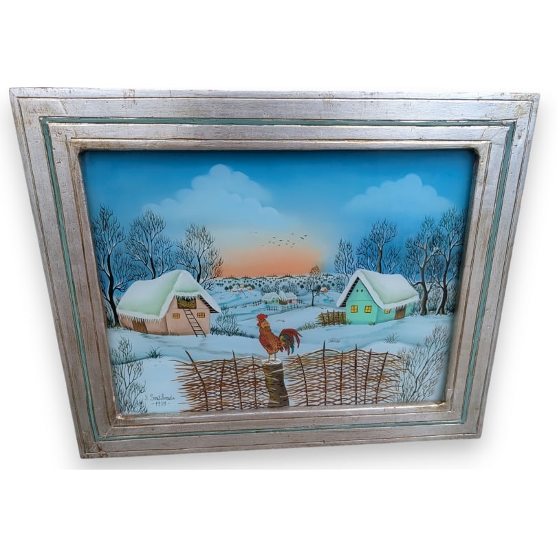 Painting under glass "Snow" signed SMICILBRADA: Painting under glass "Snowy Landscape" signed D. SMICIBRADA 1981 (Dragica 1949-)Origin: CroatiaPeriod: 20th centuryMaterials: GlassDimensions: Ht 29 x 40 cmFrame dimensions: Ht 39 x 50 cm