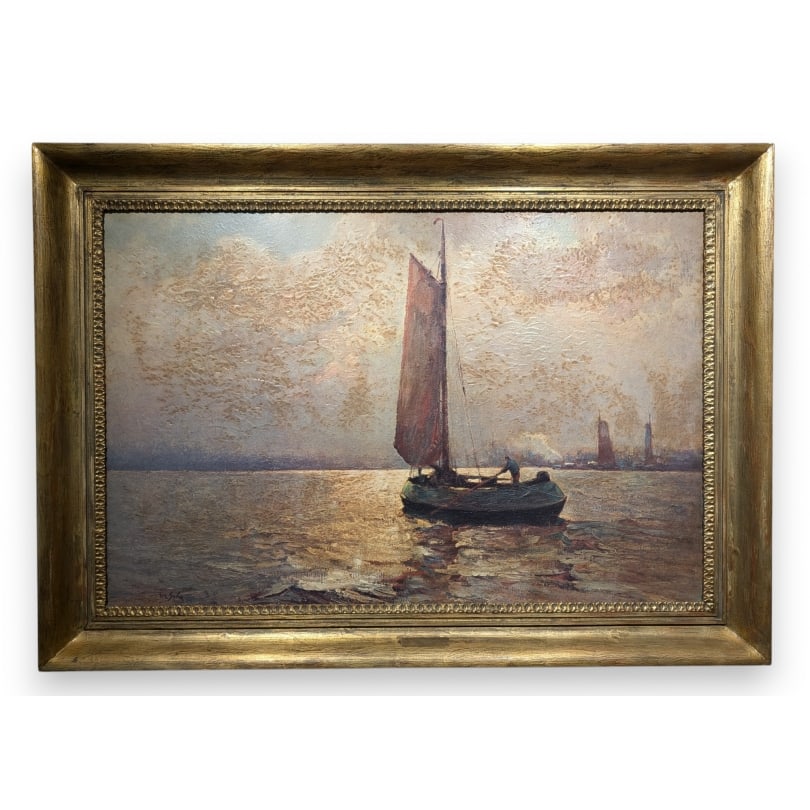 German Painting "The Ewer at Dawn" signed Rud. GUBA: Facsimile of an oil painting on canvas, "The Ewer at Dawn," signed Rud. GUBA (Rudolf Anton 1884-1950)Origin: GermanyPeriod: 20th centuryMaterials: Oil on canvasDimensions: Ht 58 x 88 cm.Frame dimensio
